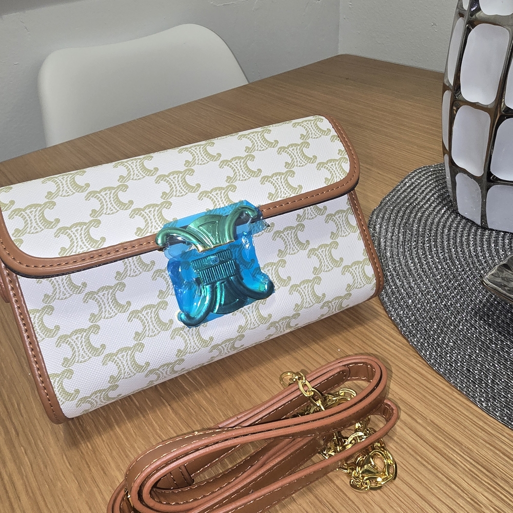 Chic White and Tan Clutch with Blue Accent
